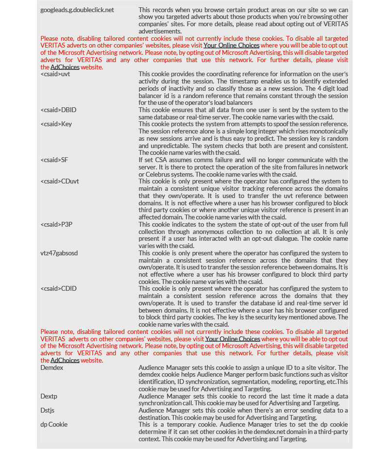 Politique des cookies Veritas — page 9/9