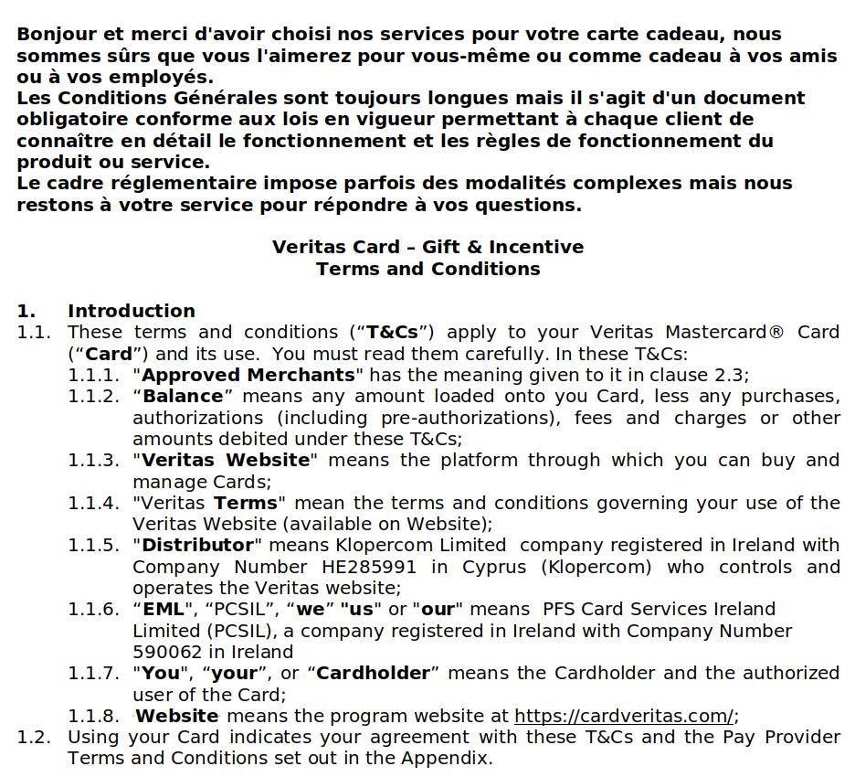 Conditions générales de la carte cadeau Veritas — page 1/13